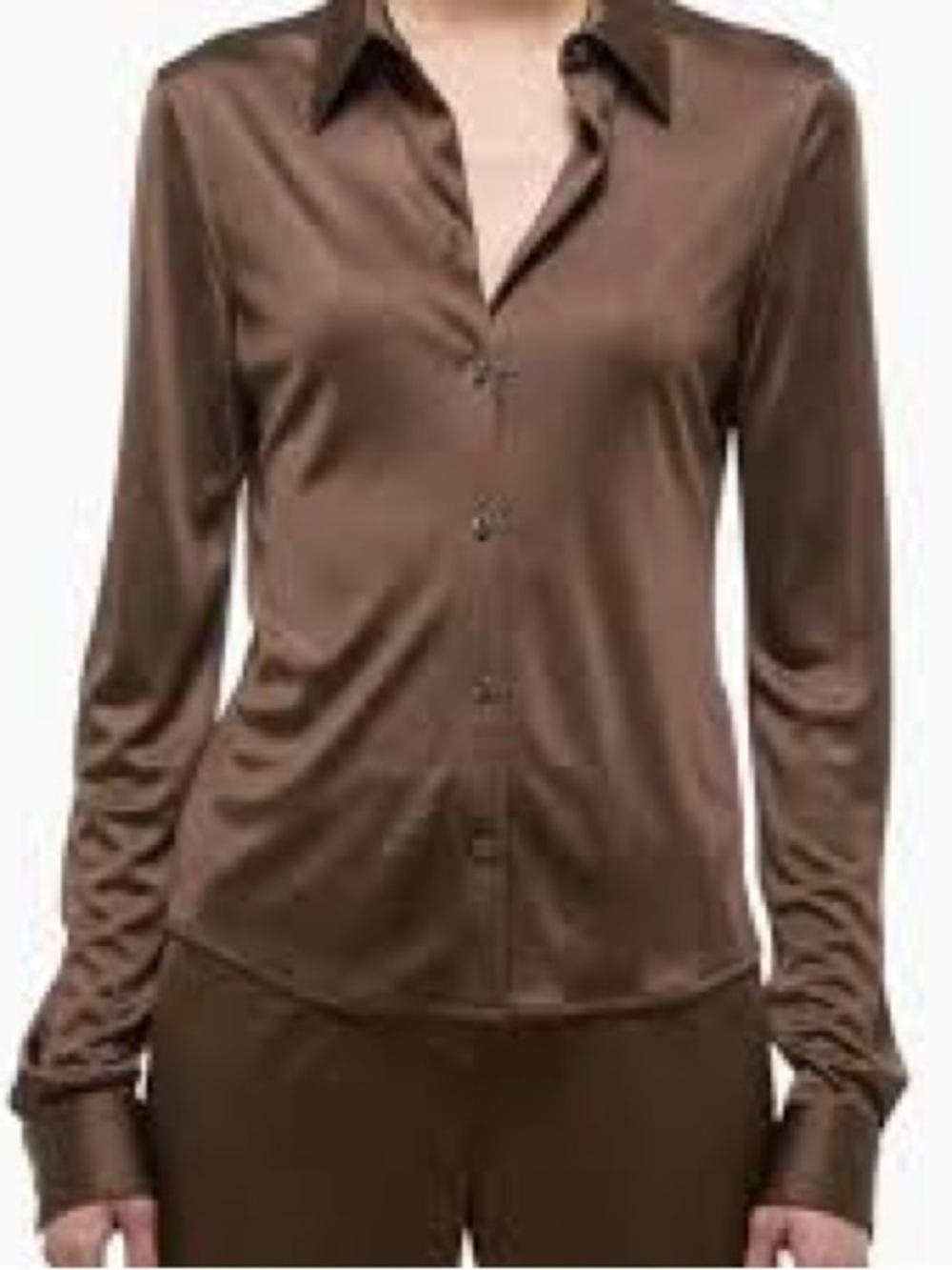 Helmut Lang Chocolate Brown Slinky Satin Silky Long Sleeve Button Blouse M